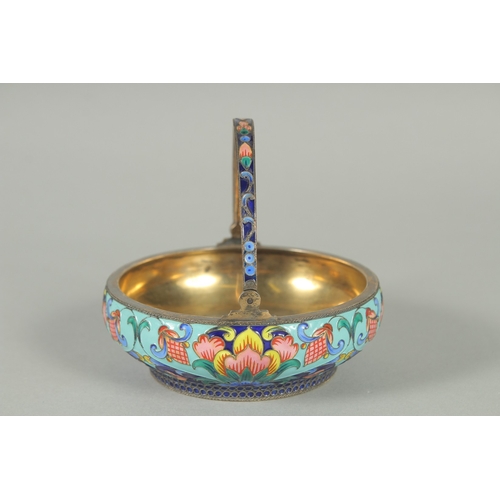 1406 - A RUSSIAN CIRCULAR SILVER AND ENAMEL SUGAR BASKET with swivel handles. 10.5cm diameter, 3.5cm deep. ... 