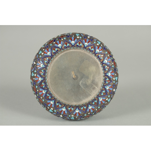 1407 - A RUSSIAN CIRCULAR SILVER AND ENAMEL BOWL. 8.5cm diameter. Mark G. H. 84. Weight: 73gms.