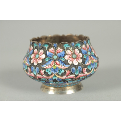 1408 - A SMALL RUSSIAN SILVER AND ENAMEL BOWL 7cm diameter. Mark: 84 and inscription, dated 1909. Weight: 5... 