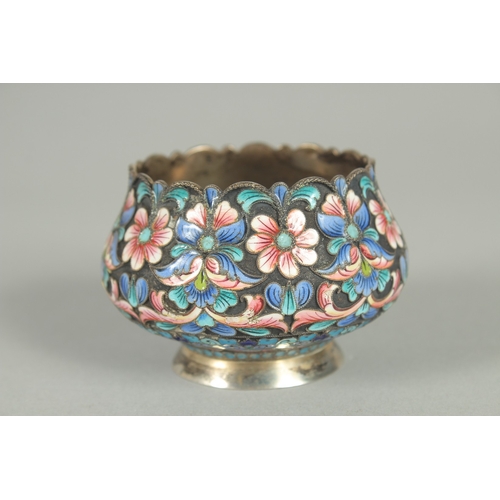 1408 - A SMALL RUSSIAN SILVER AND ENAMEL BOWL 7cm diameter. Mark: 84 and inscription, dated 1909. Weight: 5... 