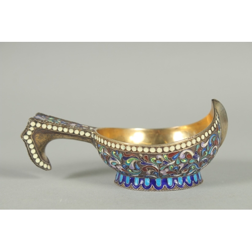 1409 - A GOOD RUSSIAN SILVER AND ENAMEL KVOSH . 11cm long, 7cm wide. Marks: Head 84, A A over 1892. Weight:... 