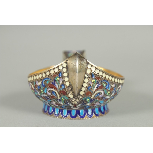 1409 - A GOOD RUSSIAN SILVER AND ENAMEL KVOSH . 11cm long, 7cm wide. Marks: Head 84, A A over 1892. Weight:... 