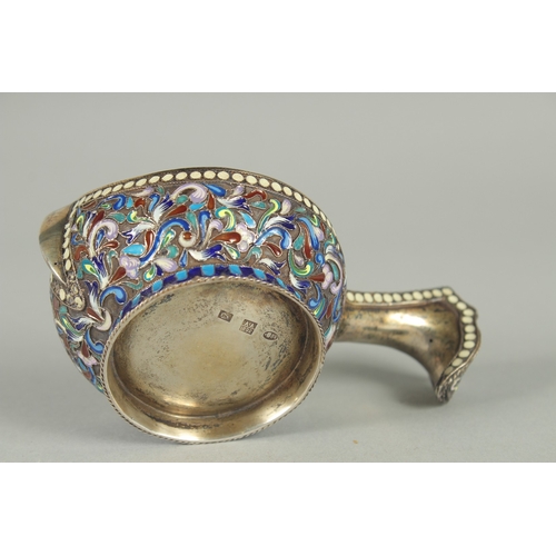 1409 - A GOOD RUSSIAN SILVER AND ENAMEL KVOSH . 11cm long, 7cm wide. Marks: Head 84, A A over 1892. Weight:... 