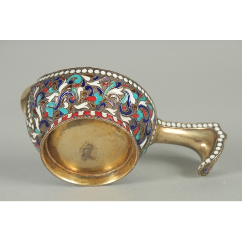 1410 - A GOOD RUSSIAN SILVER AND ENAMEL KVOSH . 11.5cm long, 7cm wide. Mark; 84 and other marks. Weight: 75... 