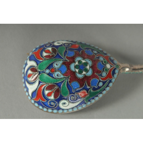 1414 - A GOOD RUSSIAN SILVER AND ENAMEL spoon 19cm long. Marks: 84.  A.A. over 1890. Weight: 48gms.... 