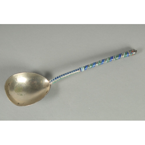 1414 - A GOOD RUSSIAN SILVER AND ENAMEL spoon 19cm long. Marks: 84.  A.A. over 1890. Weight: 48gms.... 