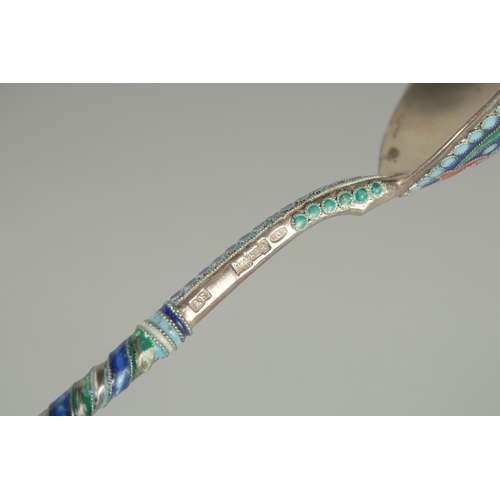 1414 - A GOOD RUSSIAN SILVER AND ENAMEL spoon 19cm long. Marks: 84.  A.A. over 1890. Weight: 48gms.... 