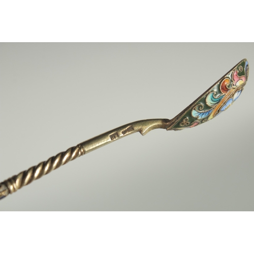 1418 - A SET OF SIX RUSSIAN SILVER AND ENAMEL SPOONS.  10.5cm long. Marks: 84. K.P. Weight: 60gms.