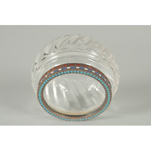 1421 - A GOOD RUSSIAN CIRCULAR GLASS BOWL with silver and enamel rim. 8cm diameter along with a pair of ton... 