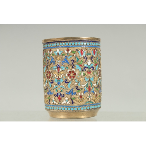 1429 - A GOOD RUSSIAN SILVER AND ENAMEL BEAKER. 8.5cm high, 6.5cm diameter. Mark: 84. J.J. Weight: 148gms.... 