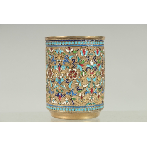 1429 - A GOOD RUSSIAN SILVER AND ENAMEL BEAKER. 8.5cm high, 6.5cm diameter. Mark: 84. J.J. Weight: 148gms.... 