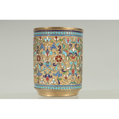 1429 - A GOOD RUSSIAN SILVER AND ENAMEL BEAKER. 8.5cm high, 6.5cm diameter. Mark: 84. J.J. Weight: 148gms.... 