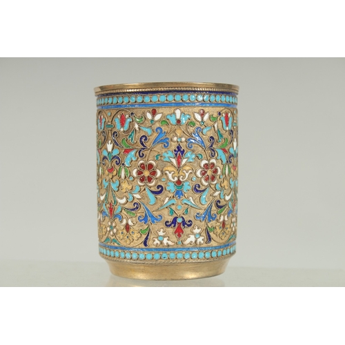 1429 - A GOOD RUSSIAN SILVER AND ENAMEL BEAKER. 8.5cm high, 6.5cm diameter. Mark: 84. J.J. Weight: 148gms.... 