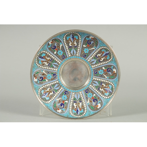 1430 - A RUSSIAN SILVER AND ENAMEL CIRCULAR SAUCER. 11.5cm diameter. Mark: Head A.F. Weight: 60gms.... 