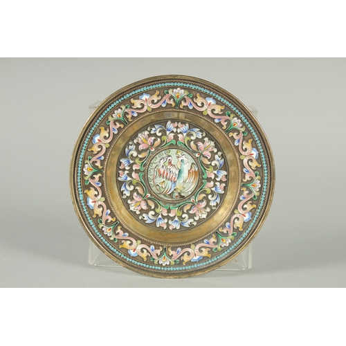 1432 - A RUSSIAN SILVER AND ENAMEL CIRCULAR SAUCER. 11cm diameter. Mark: 84. H.K. over 1882.