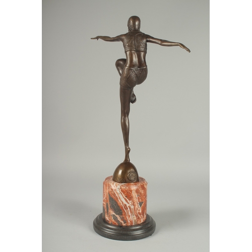 1118 - AFTER J PHILLIP. A BRONZE DANCING GIRL.  Signed, 14ins on a stepped metal base.  17ins high.