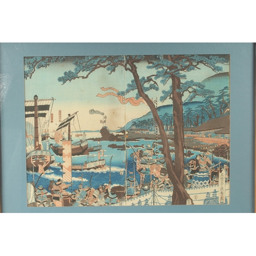 21 - AN ORIGINAL JAPANESE TWO-PART WOODBLOCK PRINT, depicting a landscape scene of warriors on horseback ... 