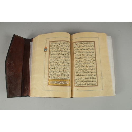 243 - A 19TH CENTURY OTTOMAN TURKISH QURAN, signed Hafiz Uthman al-Fawzi and dated 1258H./1842
Fifteen lin... 