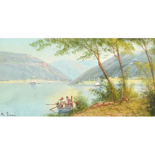 105 - M. Gianni, Early 20th Century, an Italian lake scene with figures in a boat, gouache, signed, 5.75