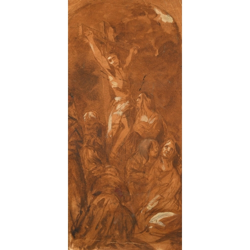 112 - Manner of J. B. Jackson, the crucifixion, sepia wash heightened with white and red, 16.5