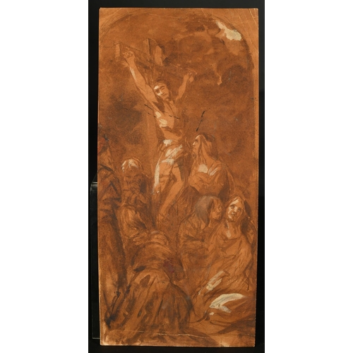 112 - Manner of J. B. Jackson, the crucifixion, sepia wash heightened with white and red, 16.5