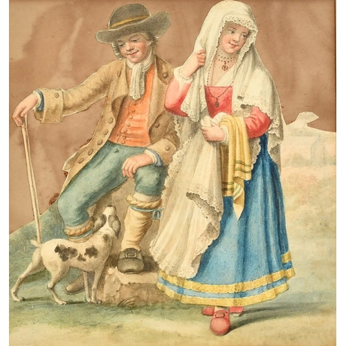 114 - 19th Century Continental School, a couple in traditional costume with their dog, watercolour and dec... 