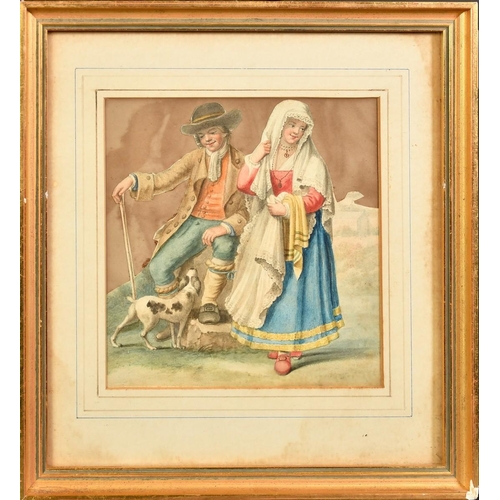 114 - 19th Century Continental School, a couple in traditional costume with their dog, watercolour and dec... 