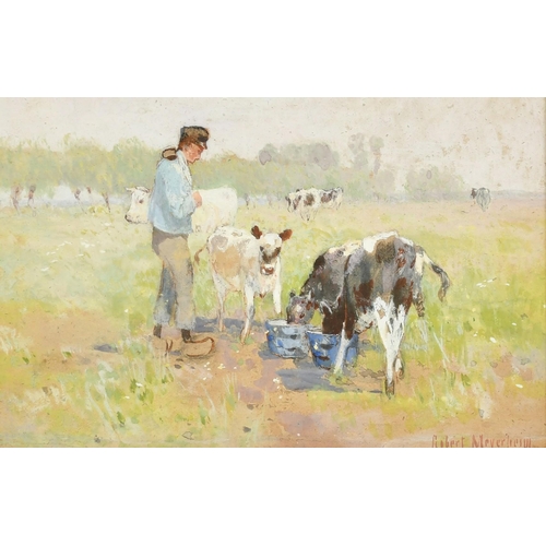 73 - Robert Meyerheim (1847-1920), 'In Holland', a figure feeding calves, watercolour, signed, 3.5