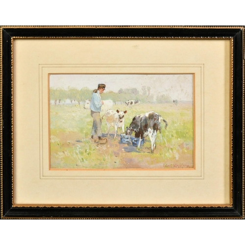 73 - Robert Meyerheim (1847-1920), 'In Holland', a figure feeding calves, watercolour, signed, 3.5