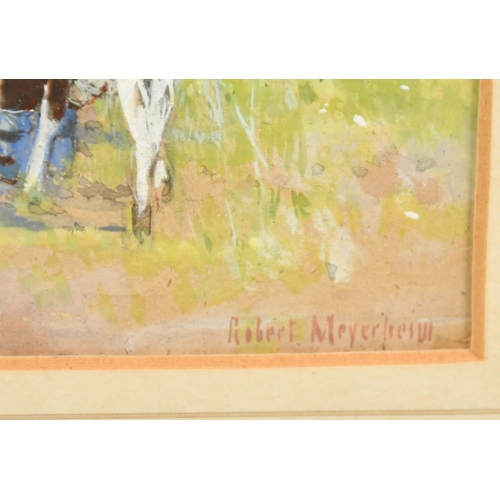 73 - Robert Meyerheim (1847-1920), 'In Holland', a figure feeding calves, watercolour, signed, 3.5