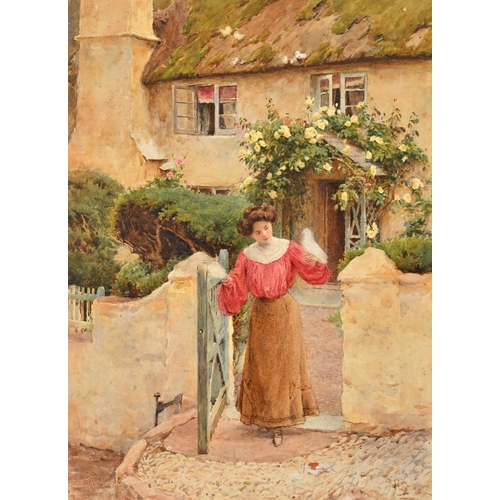 77 - Harold Swanwick (1866-1929), a young female figure holding a white bird outside a country cottage wi... 