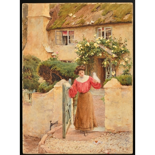 77 - Harold Swanwick (1866-1929), a young female figure holding a white bird outside a country cottage wi... 