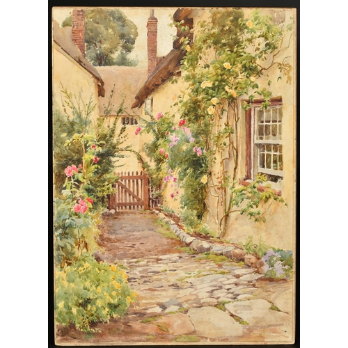 77 - Harold Swanwick (1866-1929), a young female figure holding a white bird outside a country cottage wi... 
