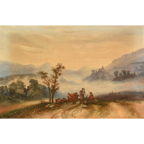 94 - 19th Century, wayfarers and livestock resting on a hillside path with buildings beyond, 13.5