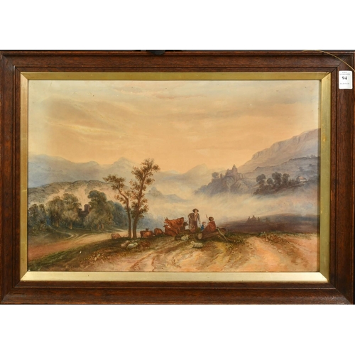 94 - 19th Century, wayfarers and livestock resting on a hillside path with buildings beyond, 13.5