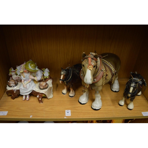 80 - Decorative figural inkwell and three pottery shire horses.