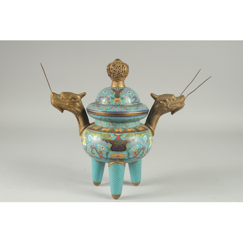 1 - A FINE CHINESE BLUE GROUND CLOISONNE TRIPOD CENSER AND COVER, with twin dragon-head brass handles an... 