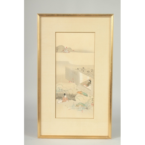 102 - AN ORIGINAL JAPANESE WATERCOLOUR PAINTING ON PAPER, depicting a scene with two seated figures - thei... 