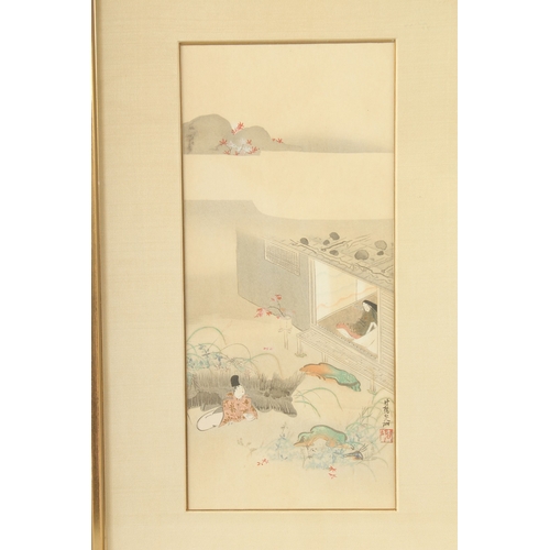 102 - AN ORIGINAL JAPANESE WATERCOLOUR PAINTING ON PAPER, depicting a scene with two seated figures - thei... 