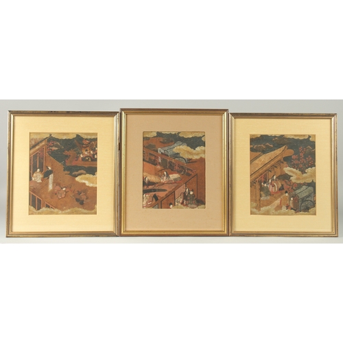 103 - A SET OF THREE FINE JAPANESE EDO PERIOD GOUACHE PAINTINGS, depicting scenes with various figures and... 