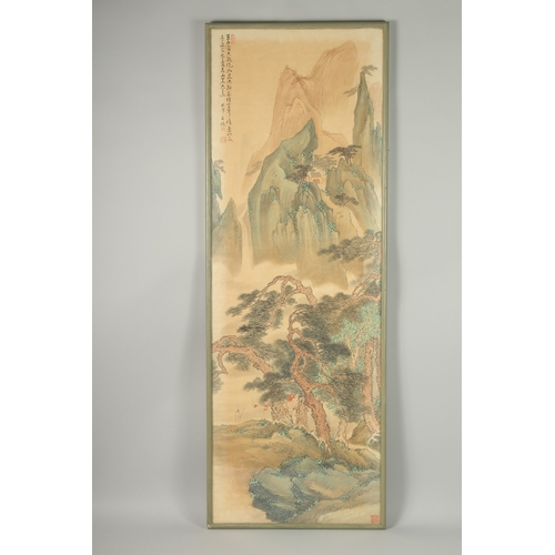 105 - A LARGE CHINESE SCROLL PANTING OF A MOUNTAINOUS LANDSCAPE, inscribed and with four red seal marks, f... 