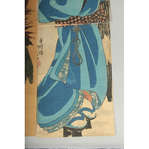 113 - KUNISADA I UTAGAWA (1786-1864) & OTHER: BEAUTY IN THE SNOW, PEACOCK; two mid 19th century original J... 