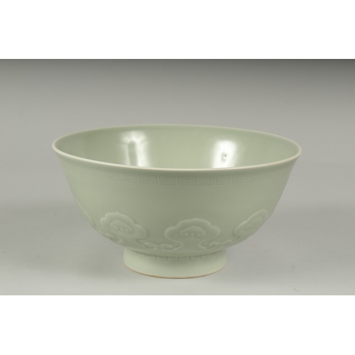 13 - A LARGE CHINESE CELADON GLAZE PORCELAIN BOWL - POSSIBLY REPUBLIC PERIOD, the exterior with a band of... 