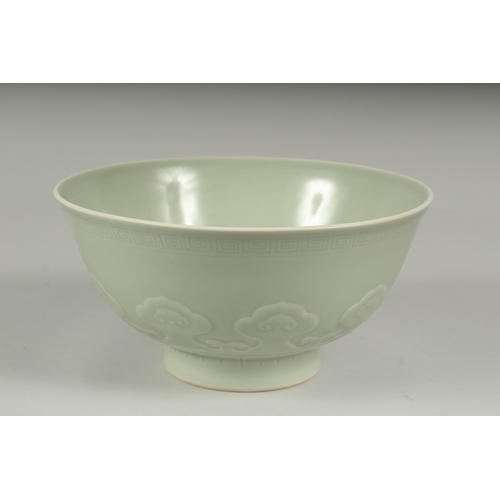 13 - A LARGE CHINESE CELADON GLAZE PORCELAIN BOWL - POSSIBLY REPUBLIC PERIOD, the exterior with a band of... 