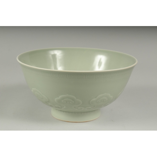 13 - A LARGE CHINESE CELADON GLAZE PORCELAIN BOWL - POSSIBLY REPUBLIC PERIOD, the exterior with a band of... 