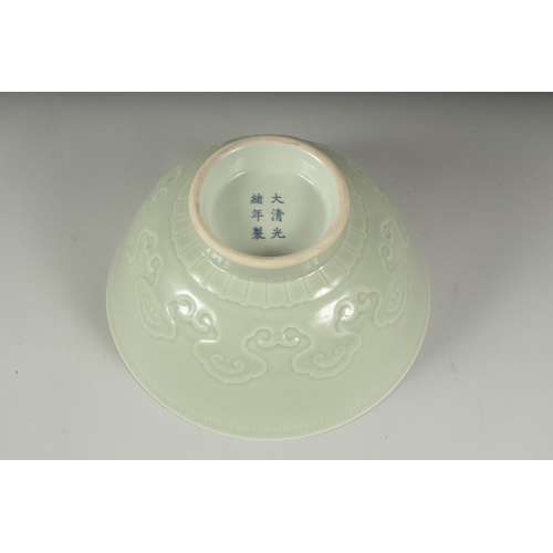 13 - A LARGE CHINESE CELADON GLAZE PORCELAIN BOWL - POSSIBLY REPUBLIC PERIOD, the exterior with a band of... 