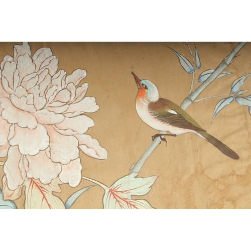 135 - A CHINESE PAINTING ON SILK, depicting a bird and flower, red seal mark lower right.