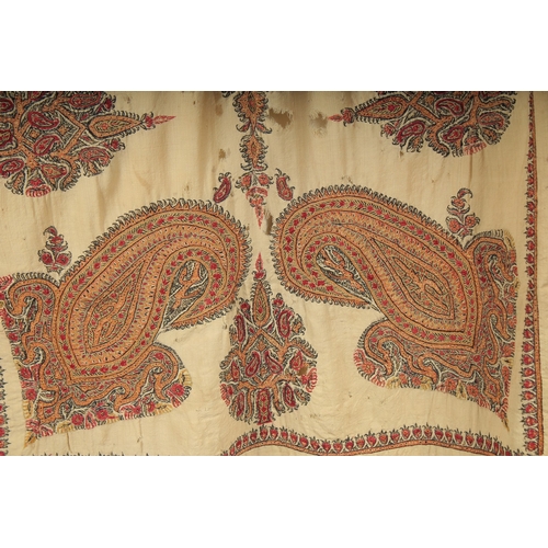 162 - A FINE 19TH CENTURY INDO PERSIAN POSSIBLY KASHMIR EMBROIDERED TEXTILE PANEL, 140cm x 91cm.