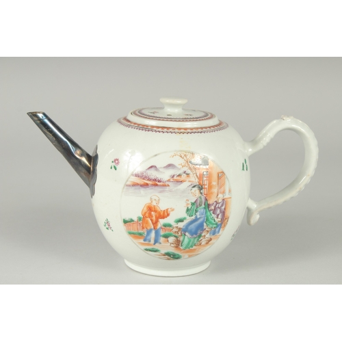 17 - A 19TH CENTURY CHINESE EXPORT FAMILLE ROSE PORCELAIN TEAPOT, painted with a circular panel to each s... 