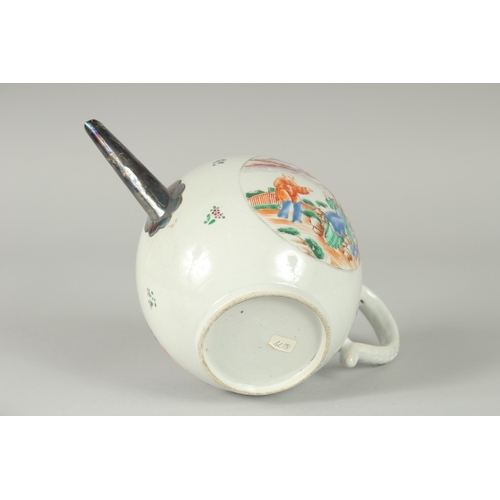 17 - A 19TH CENTURY CHINESE EXPORT FAMILLE ROSE PORCELAIN TEAPOT, painted with a circular panel to each s... 